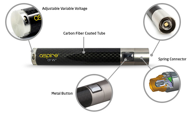 BATTERY - ASPIRE CF VV+ ( Carbon Fiber / Variable Voltage ) 1000mA - 100% Authentic - ( Black ) 